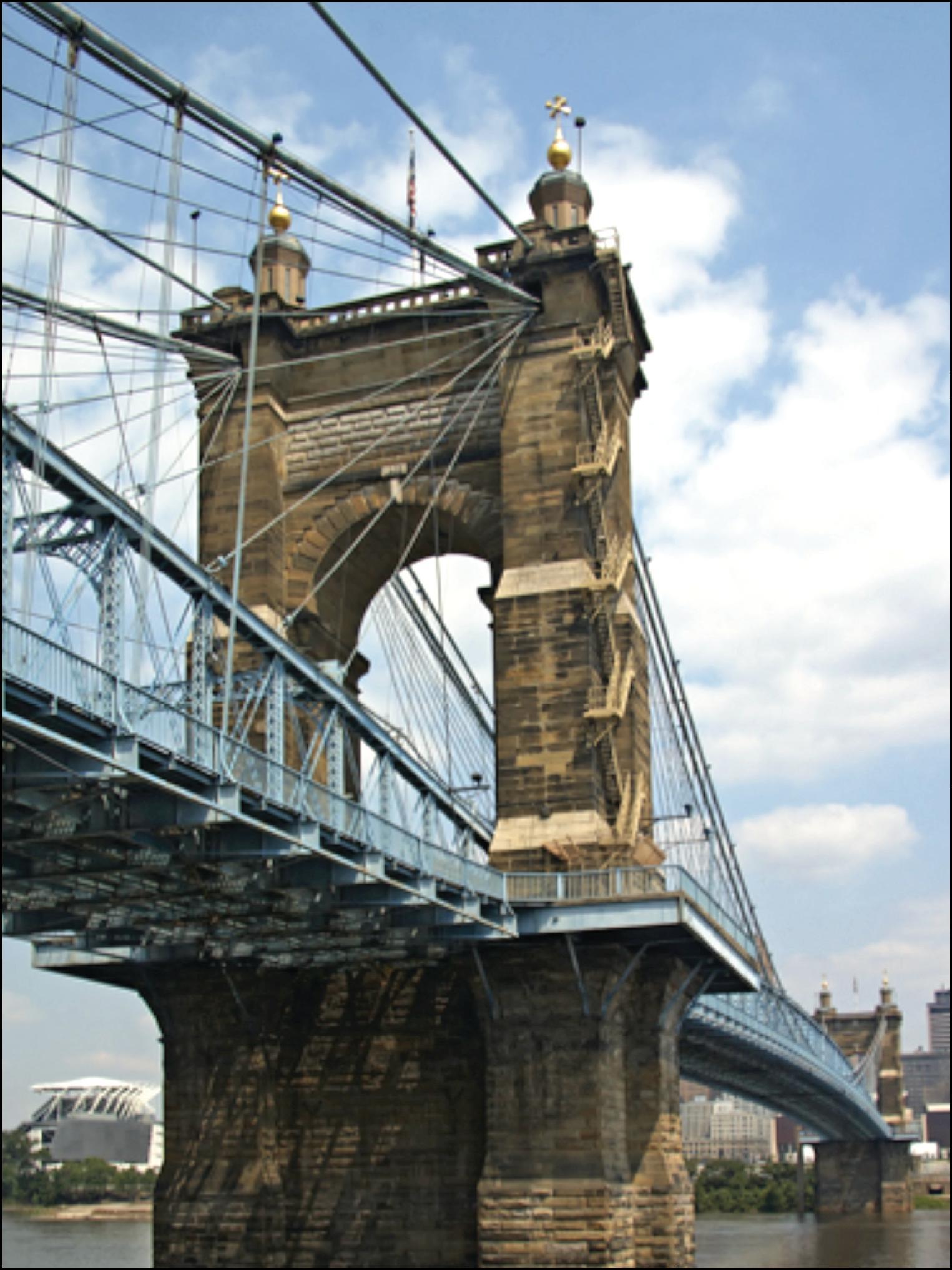 Figure 10 is a picture of the Charles Roebling bridge that crosses the Ohio River between Cincinnati Ohio and Covington Kentucky. The bridge is a built of stone and steel cables and resembles a smaller version of the famous Brooklyn Bridge that also was built by Charles Roebling. The picture illustrates that some bridges are unique and historic and do not lend themselves for the generalized, planning-level analysis that is required to compute a statewide sustainabilty ratio. 