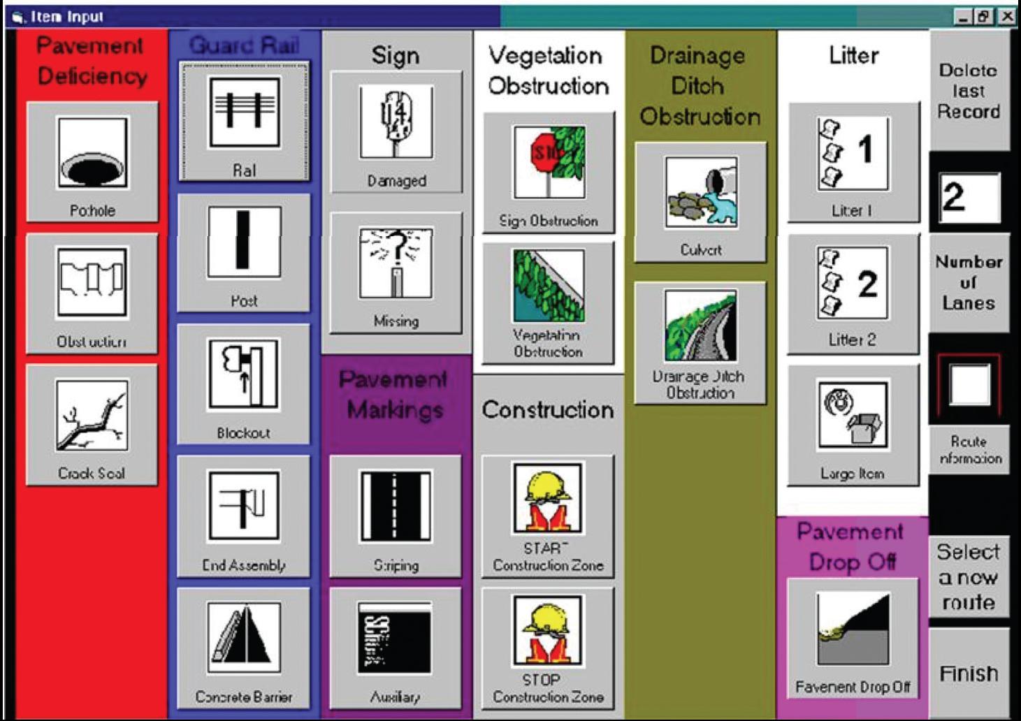 Figure 56 is an image of the laptop computer screen used to capture roadway maintenance deficiencies. The screen has icons of 20 different types of maintenance deficiencies.