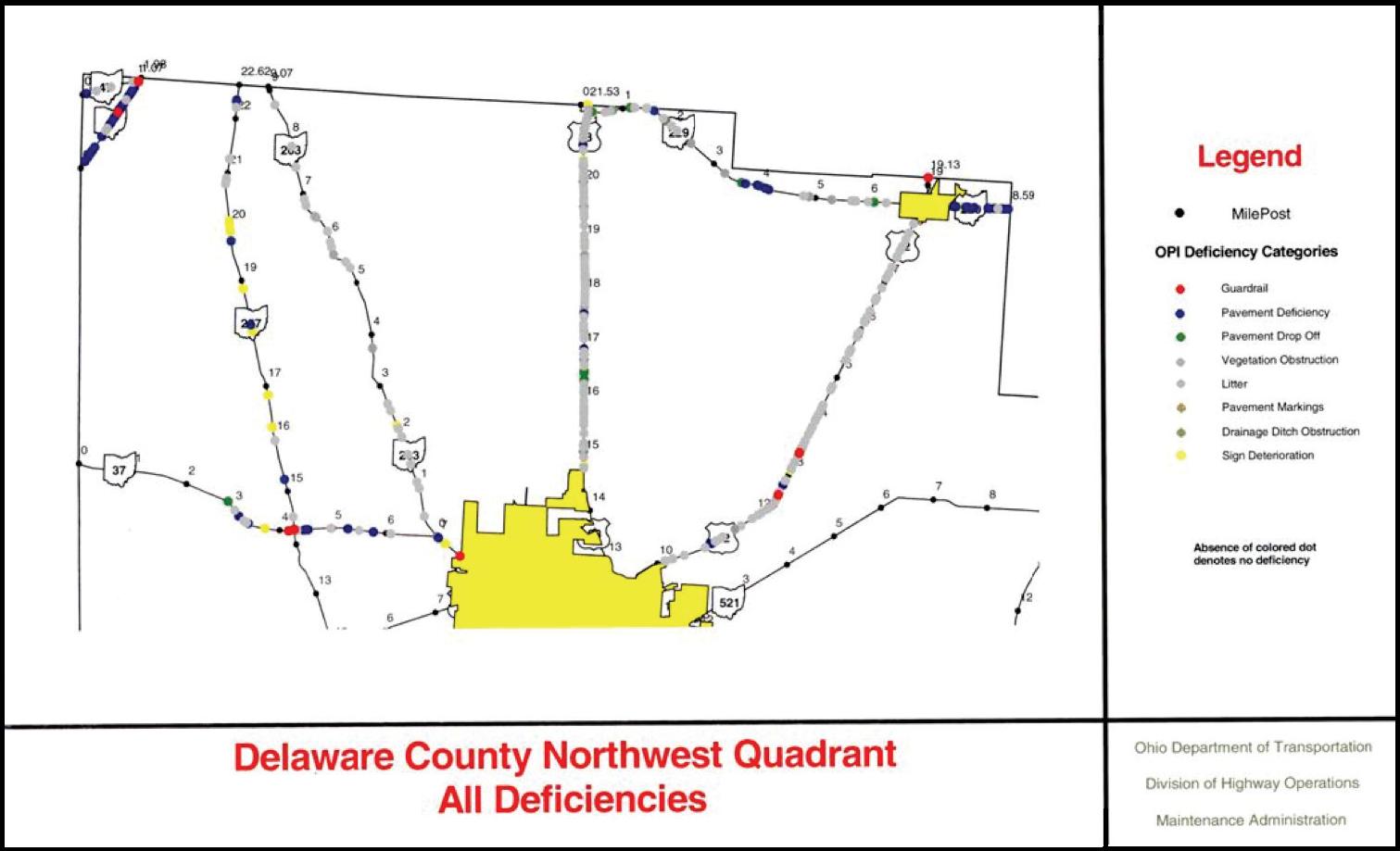 Figure 57 is a map of one quadrant of Deleware County Ohio. It has color-coded dots along the highways with each dot indicating the location and type of deficiency. The key indicates that deficiencies include guardrail, pavement deficiencies, pavement drop offs, vegetation obstruction, litter, pavement markings, drainage obstructions or sign deterioration. 