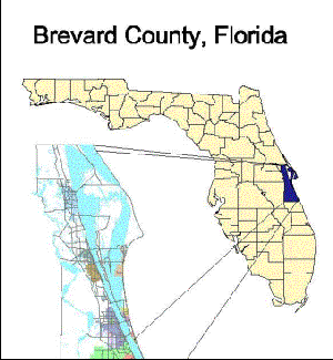 map: Outline map of Florida showing county lines including a closeup of Brevard County, Florida
