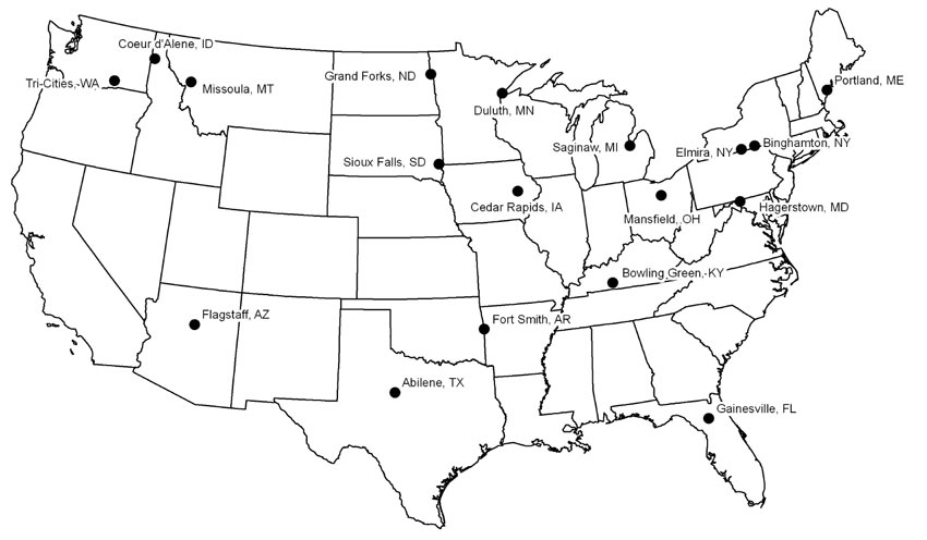 Map of the continental United States showing the Small- and Medium-Sized Transit Study Areas. These areas are listed in the following table, Table B-1.
